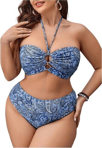 SHENHE Women's Plus Size Paisley High Waisted 3 Pieces Halter Swimsuits with Cover Up Skirt in Saudi Arabia