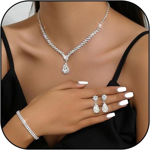 Purple Necklace and Earrings Set Crystal Bridal Wedding Jewelry Sets for Brides Bridesmaid Prom Costume Accessories for Women in Saudi Arabia