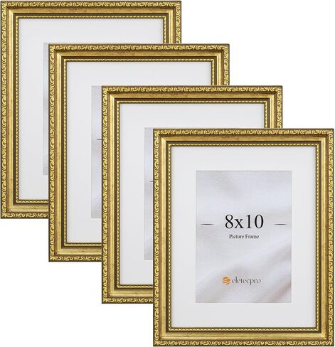 مجموعة إطارات صور eletecpro مقاس 8 × 10 مكونة من 4، إطارات صور عتيقة مع زجاج، إطارات ذهبية مقاس 8 × 10 عرض صورة 5 × 7 مع حصيرة أو 8 × 10 بدون حصيرة لسطح الطاولة أو ديكور الحائط، ذهبي in Kuwait