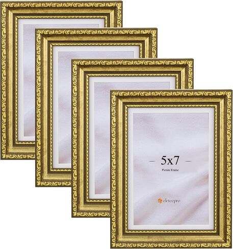 مجموعة إطارات صور eletecpro مقاس 8 × 10 مكونة من 4، إطارات صور عتيقة مع زجاج، إطارات ذهبية مقاس 8 × 10 عرض صورة 5 × 7 مع حصيرة أو 8 × 10 بدون حصيرة لسطح الطاولة أو ديكور الحائط، ذهبي in Kuwait
