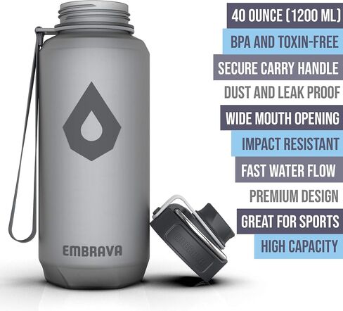Embrava 40oz Water Bottle - Large with Travel Carry Ring - Wide Leak Proof Drink Spout - Heavy-Duty, BPA & BPS Free Tritan Plastic - Best for Sports, Hiking, Gym, Men & Women in Kuwait
