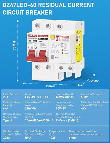 DIHOOL 2 Pole 20 Amp GFCI Breaker with 240 Volt Surge Protector, 20A Miniature Circuit Breakers in Saudi Arabia