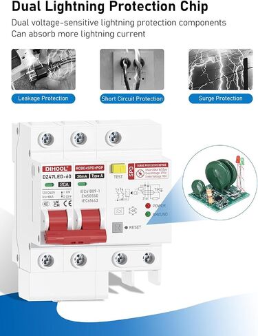 DIHOOL 2 Pole 20 Amp GFCI Breaker with 240 Volt Surge Protector, 20A Miniature Circuit Breakers in Saudi Arabia