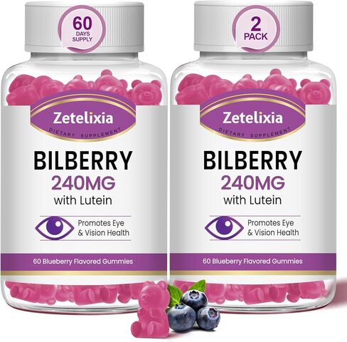 Sugar Free Bilberry Extract Supplement for Eyes Gummies 240mg,Eye Supplements with Lutein Zeaxanthin Bilberry for Men Woman,Support Macular Eye Pressure Health,Blue Light Filtering,120 Count in Kuwait
