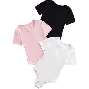 SweatyRocks Girl's 3 Pack Bodysuits Short Sleeve Crew Neck Ribbed Dance Leotards Sets