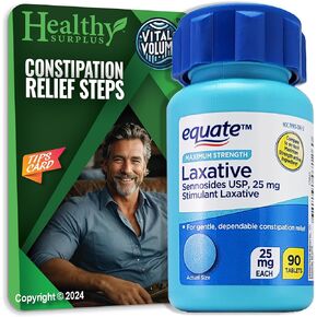 Equate Maximum Strength Stimulant Laxative, 25 mg Sennosides USP, 90 Tablets and Vital Volumes Constipation Tips Card | Bundle