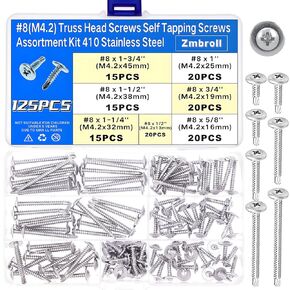 125Pcs Phillips Wafer Head Self Drilling Screws #8 410 Stainless Steel Sheet Metal Screws Truss Head Fast Self Tapping Screws Assortment Kit(Size: #8 x 1/2"-#8 x 1-3/4")
