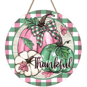 Deroro Fall Thanksgiving Thankful Pumpkin Front Door Sign, Blue White Autumn Wood Door Hanger Outdoor Outside Porch Decor, Plaid Farmhouse Rustic Wooden Wreath Indoor Wall Hanging Decoration