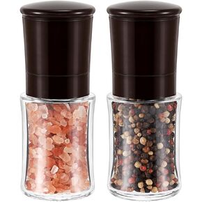 Vzaahu Salt and Pepper Grinder Set Brown, Refillable Small Sea Salt & Peppercorn Shakers Set, Adjustable Coarseness, Ceramic Burr, Premium Glass Salt & Pepper Mill, Kitchen Cooking Partner