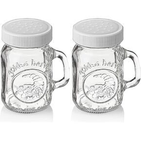 Salt and Pepper Shakers Glass Set With Handle - 4 oz Golden Harvest Ball Mason Jars Glass Salt and Pepper Shakers with White M.E.M Plastic Lids - Perfect for Spices, Table Salt, Black and White Pepper