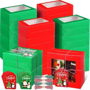 Maxcheck 50 Pcs 6x6x3 Inch Christmas Cookie Boxes with Window Christmas Bakery Treat Boxes for Gift Giving Small Red and Green Gift Boxes for Mini Cake Pastry Dessert Donut Cupcakes Candy Packaging