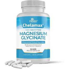 Chelamax Magnesium Glycinate 900mg for Restful Sleep,Muscle Cramps,Nerves, Bones, Digestive and Heart Health | High Absorption Fully Chelated Magnesium Glycinate Capsules.