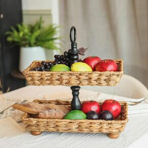 2 Tier Water Hyacinth Woven Tray with Handle, Decorative 2 Tiered Serving Tray Display Stand Organizer, Rustic Farmhouse Kitchen Counter Coffee Table Decor for Home Party Holiday Decoration