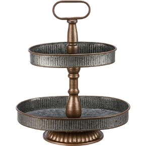 Primitives by Kathy Rustic Farmhouse Oval Shaped Galvanized Metal Rustic Farmhouse Two Tiered Tray 13.50" x 15.75" x 10"