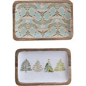 Creative Co-Op Enameled Mango Wood Trays with Dove and Trees Patterns, Multicolor, Set of 2