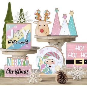 Merry Christmas Tiered Tray Decor, Pink Xmas Tree Santa Deer Tray Decorations, Hohoho Joy to The World Snowflake Wooden Signs, Holiday Rustic Farmhouse Home Decor for Table Shelf Mantel Party