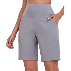 Oalka Women's High Waisted Shorts Yoga Workout Bermuda Long Hiking Shorts with Pockets 10" Shorts Light Grey XL