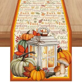 Linen Fall Table Runner 72 Inches Long Farmhouse Fall Leaves Pumpkin Table Decor Fall Autumn Thanksgiving Home Kitchen Dining Room Table Decorations