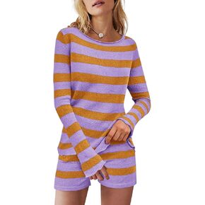 BZB Womens Striped Sweater Lounge Set lounge Knit Pajamas Long Sleeve Casual Outfits 2 Piece with Pockets