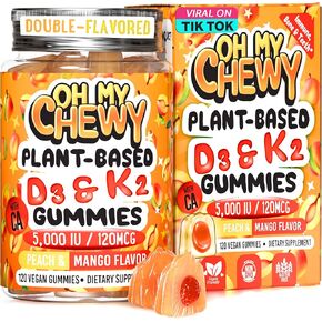 Plant-Based Vitamin D3 and K2 Gummies for Kids and Adults - Vitamin D Gummies 5000 IU, K2 120 mcg & Calcium 120mg - Teeth, Bone & Immune Support - 120 Chews - Peach & Mango