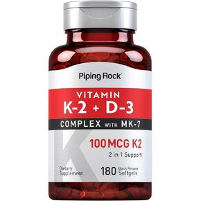 Piping Rock Vitamin K2 D3 Supplement | 100 mcg | 180 Softgels | MK-7 Complex | Non-GMO, Gluten Free
