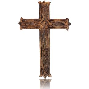 Wooden Religious Catholic Crucifix Cross Wall Hanging French Plaque Floral Carvings Living Room Home Decor Accent Church Chapel Altar Wall Art Decor Display Antiqued Rustic Finish 12 x 16 Inches