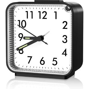 Silent Non Ticking Small Clock, Loud Alarm Clock for Heavy Sleepers,Travel with Night Light, Battery Operated, Simple Design, for Bedroom, Bedside, Desk, Adult, Kid (Black)