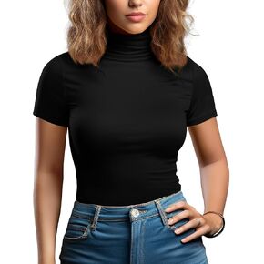 Long Sleeve Turtleneck Women Stretch/Short Sleeve Tops Fitted Tee Shirt