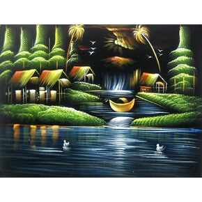 Crafts of India Indian Village Scene Painting on Black Velvet Cloth –Huts, Trees, River with Swans & Flying Birds – Handcrafted Rural Art for Ethnic Home Decor – Unframed : Size - 19"x27" Inches