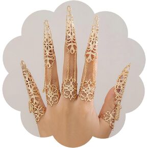 Gothic Finger Tip Claw Rings for Women Girls Punk Nail Ring Vintage Hollow Pattern Fingertip Claw Ring with Chain Jewelry for Cosplay Drama Party Show