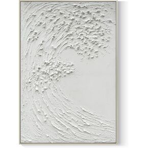 GeekMacro Hand Painted Abstract Paintings White and Gold Textured Wall Art Large Framed Artwork for Living Room 45x30 Minimalist Horizontal Wall Decor