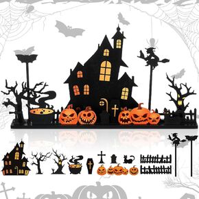 16 Pcs Halloween Decoration 15.7 x 8.6 Inch Halloween Wooden Table Centerpieces Haunted House Witch Pumpkin Grave Cat Can DIY Tabletop Centerpiece for indoor Halloween Party Decor