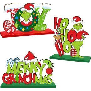 3 Pieces Christmas Table Signs Decorations, Merry Christmas Wooden Centerpiece Ornaments, Joy Wood Desktop Signs Decor for Kitchen Home Winter Whoville Xmas Holidays Theme Party Supplies