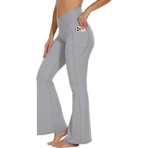 Flare Crossover Leggings with Pockets for Women 30" High Waisted V Cross Wide Leg Yoga Pants Tummy Control Bootcut Workout Gym Light Grey M