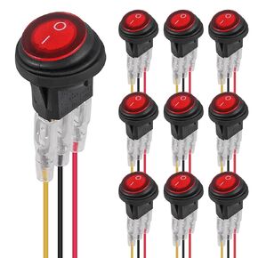 10Pack 12V Round Rocker Switch Red LED Lighted Waterproof 3Pin 2 Position ON/Off Circle Toggle Switch with Wires 12V/20A for Auto Car Marine Boat Automotive RV Truck