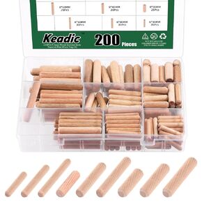 Keadic 200Pcs 9 Sizes Fluted Wooden Dowel Pin Assortment Set, M6 M8 M10 Beveled Ends Tapered Straight Grooved Pins Wood Pegs for Furniture Door Art Crafts Projects