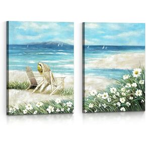 Canvas Wall Art Beach Pictures: Ocean Sea Painting 2 Pieces Coastal Beach Chairs Prints Decor Abstract Seascape Seaside Shoreline Artwork for Bathroom Living Room Bedroom Office