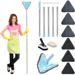 Wall Cleaner Mop with Long Handle 85 Inches, Baseboard Cleaner Tool Duster with 6 Replacement Microfiber Chenille Pads and 2 Tile Tub Brush for Cleaning Painted Walls, Window, Floor, Ceiling