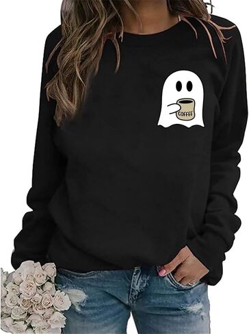 RFBIQI Halloween Spooky Coffee Sweatshirt Womens Cute Ghost Graphic Long Sleeve Shirt Fall Coffee Lover Casual Pullover Tops in Kuwait