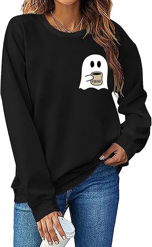 RFBIQI Halloween Spooky Coffee Sweatshirt Womens Cute Ghost Graphic Long Sleeve Shirt Fall Coffee Lover Casual Pullover Tops in Kuwait