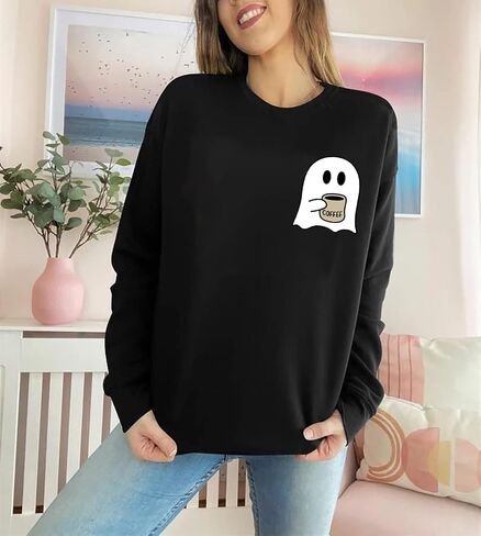 RFBIQI Halloween Spooky Coffee Sweatshirt Womens Cute Ghost Graphic Long Sleeve Shirt Fall Coffee Lover Casual Pullover Tops in Kuwait