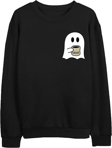 RFBIQI Halloween Spooky Coffee Sweatshirt Womens Cute Ghost Graphic Long Sleeve Shirt Fall Coffee Lover Casual Pullover Tops in Kuwait
