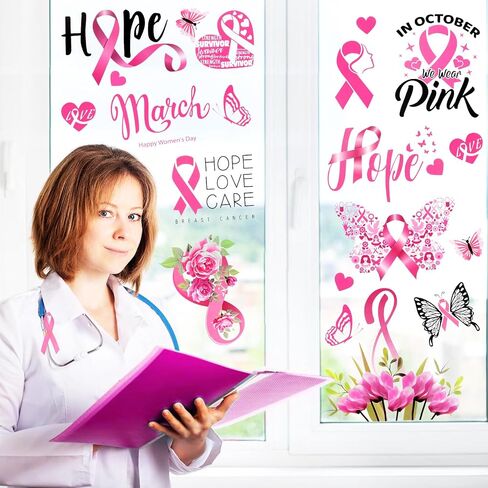 HOWAF 9 Sheets Breast Cancer Awareness Decoration Window Clings, Breast Cancer Decal Stickers Pink Ribbon Window Decals for Car Truck SUV Boat Window, Pink Breast Cancer Awareness Window Stickers in Saudi Arabia