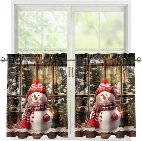 Kitchen Curtains Tier Curtain Snowman Christmas 27.5 Inch Cafe Curtains Farmhouse for Bathroom 2 Panels Black Short Window Tiers in Saudi Arabia