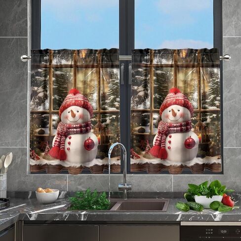 Kitchen Curtains Tier Curtain Snowman Christmas 27.5 Inch Cafe Curtains Farmhouse for Bathroom 2 Panels Black Short Window Tiers in Saudi Arabia