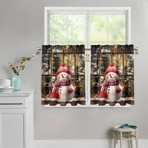 Kitchen Curtains Tier Curtain Snowman Christmas 27.5 Inch Cafe Curtains Farmhouse for Bathroom 2 Panels Black Short Window Tiers in Saudi Arabia