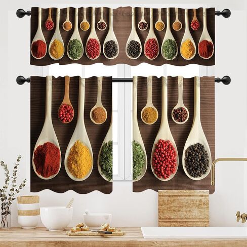 54" x 18" 26" x 36" Spicy Kitchen Gourmet Spoon Seasoning Window Treatment Tiers Colorful Curtain Set Spice Cooking Art Kitchen Curtains Tiers and Valances Set 3 Piece for Windows in Saudi Arabia