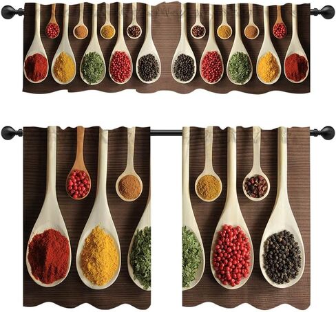 54" x 18" 26" x 36" Spicy Kitchen Gourmet Spoon Seasoning Window Treatment Tiers Colorful Curtain Set Spice Cooking Art Kitchen Curtains Tiers and Valances Set 3 Piece for Windows in Saudi Arabia