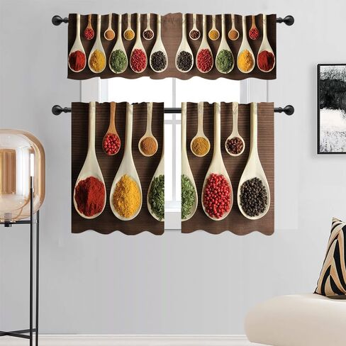 54" x 18" 26" x 36" Spicy Kitchen Gourmet Spoon Seasoning Window Treatment Tiers Colorful Curtain Set Spice Cooking Art Kitchen Curtains Tiers and Valances Set 3 Piece for Windows in Saudi Arabia