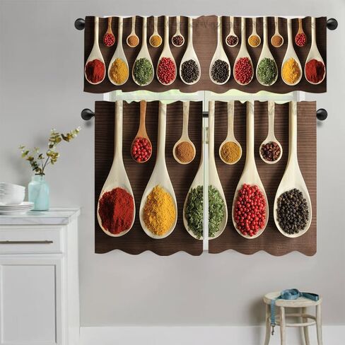 54" x 18" 26" x 36" Spicy Kitchen Gourmet Spoon Seasoning Window Treatment Tiers Colorful Curtain Set Spice Cooking Art Kitchen Curtains Tiers and Valances Set 3 Piece for Windows in Saudi Arabia